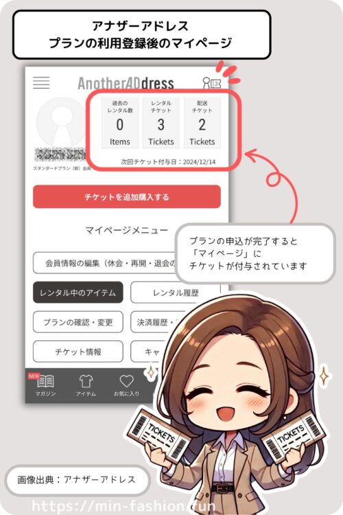 アナザーアドレスのプラン利用登録後のマイページ