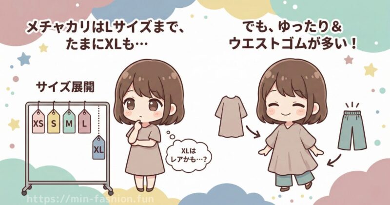 メチャカリはLサイズまで対応ゆったりシルエットやウエストゴムも多い